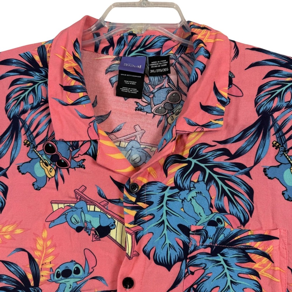 Disney Stitch Button Down Shirt Mens 3XL Pink Tropical Rayon‎ Hawaiian Camp